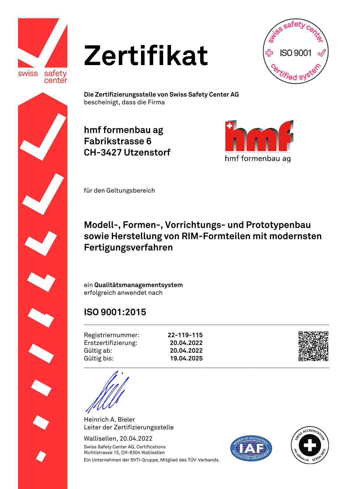 ISO - Zertifikat hmf formenbau ag